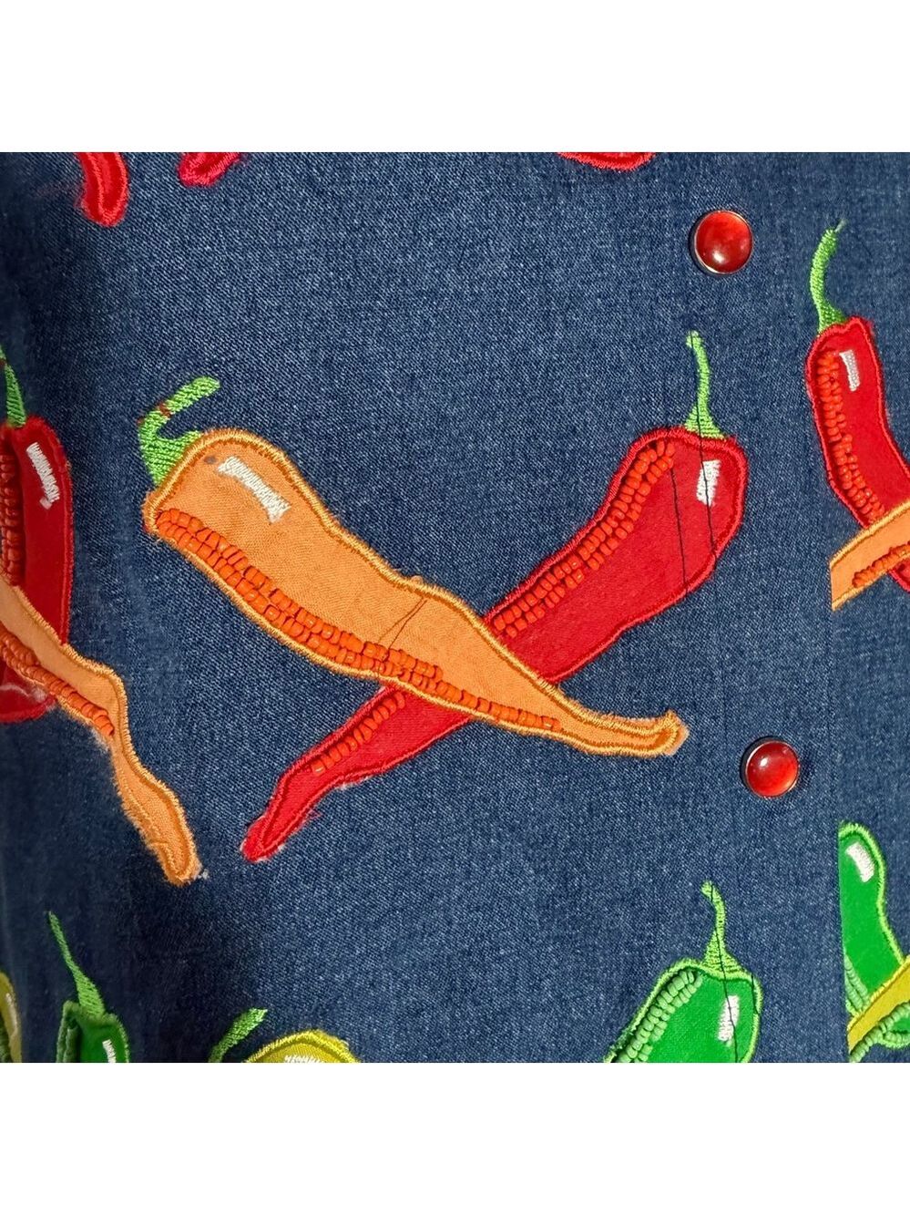 Michael Simon Top Vintage Beaded Chili Peppers Denim Whimsy Shirt Wearable Art - Picture 4 of 14
